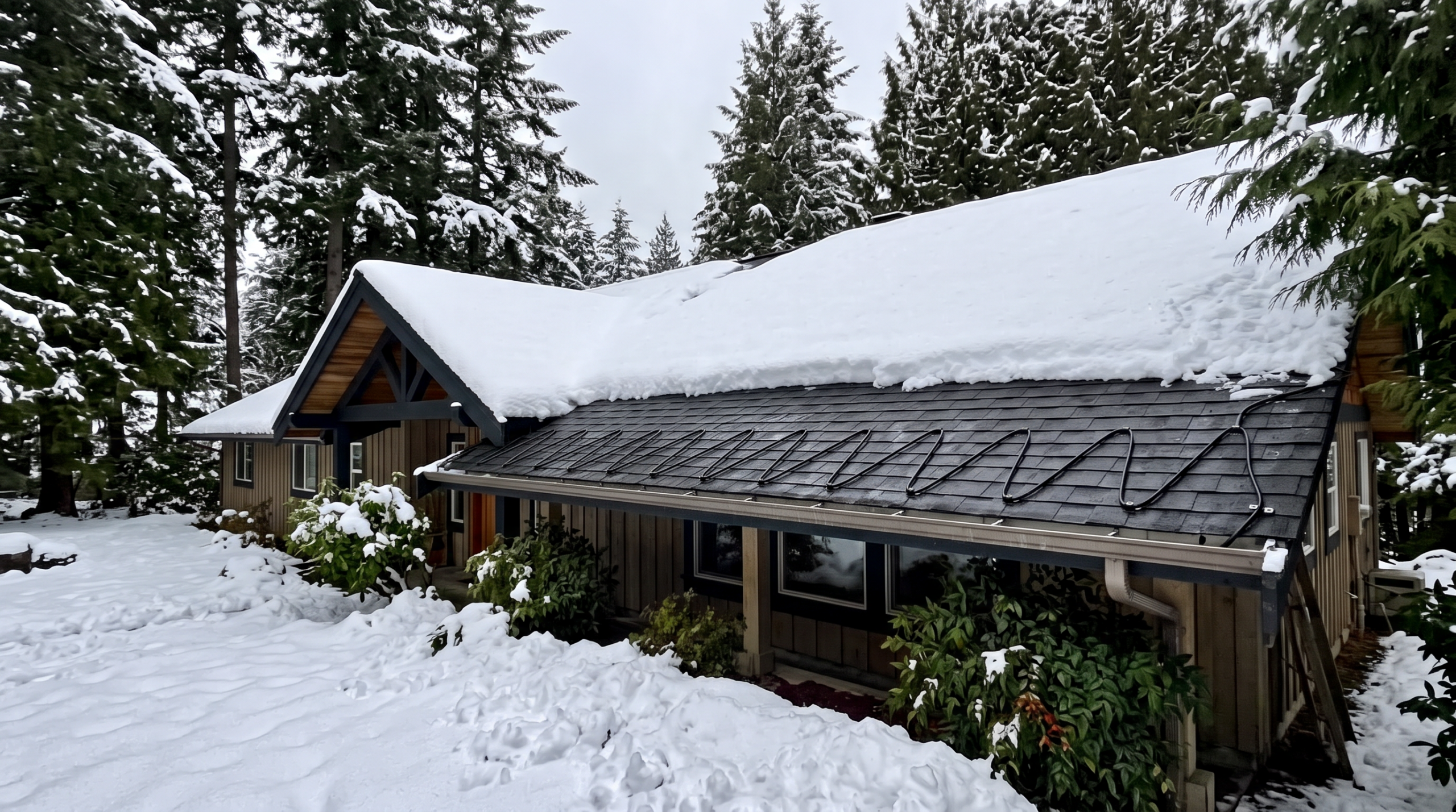 Snow-covered cabin roof with electric heat cables preventing ice dams in winter