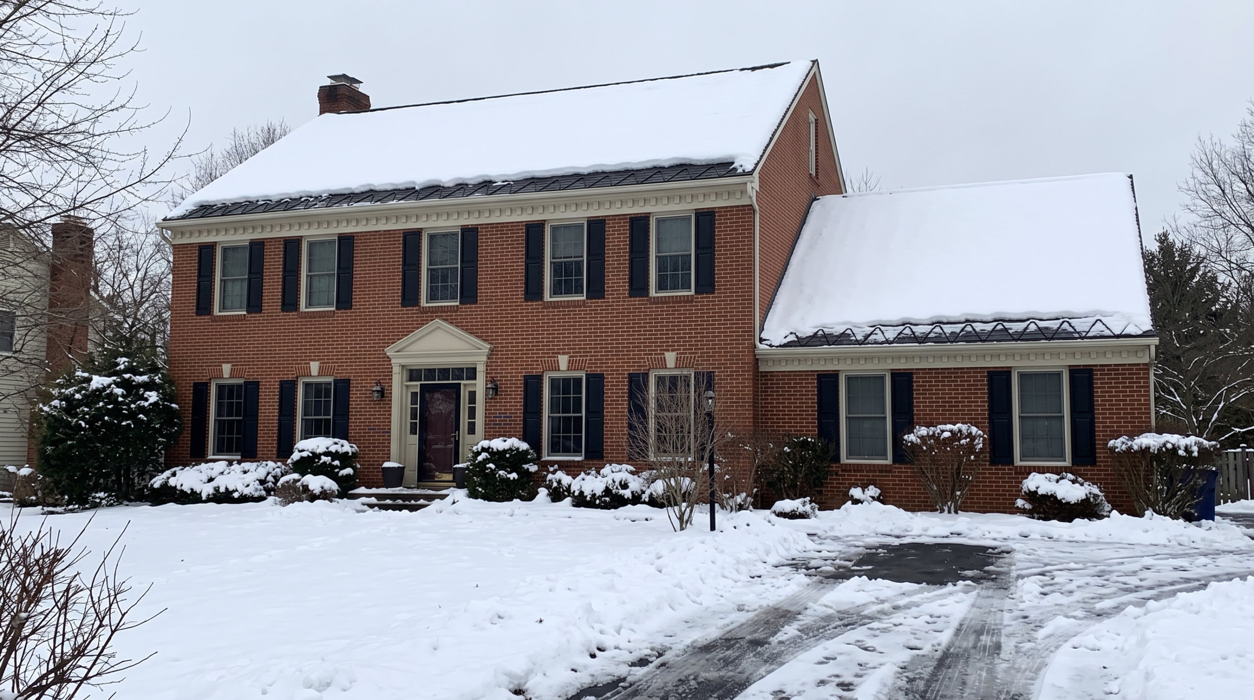 Red brick colonial home with snow-covered roof and heated cable ice dam prevention system