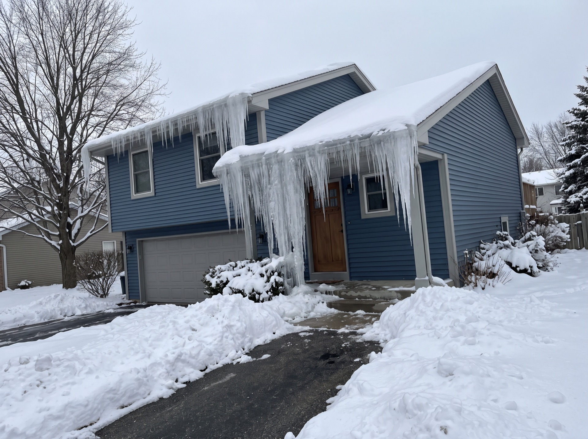 Large ice dams and icicles hanging from blue split-level house roof in winter