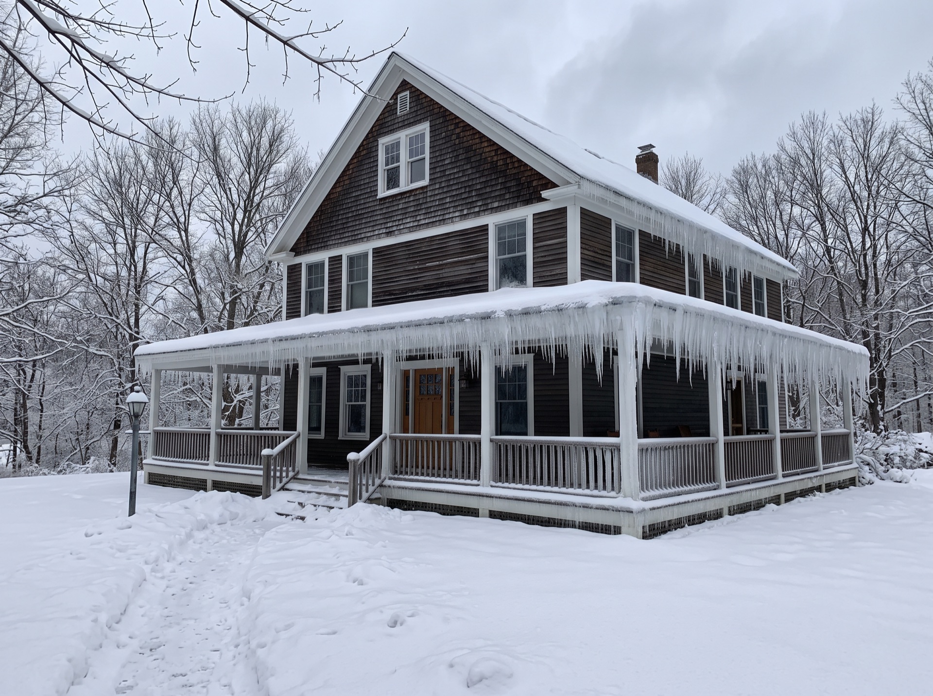 Heavy ice dams and icicles hanging from wraparound porch roof after winter storm