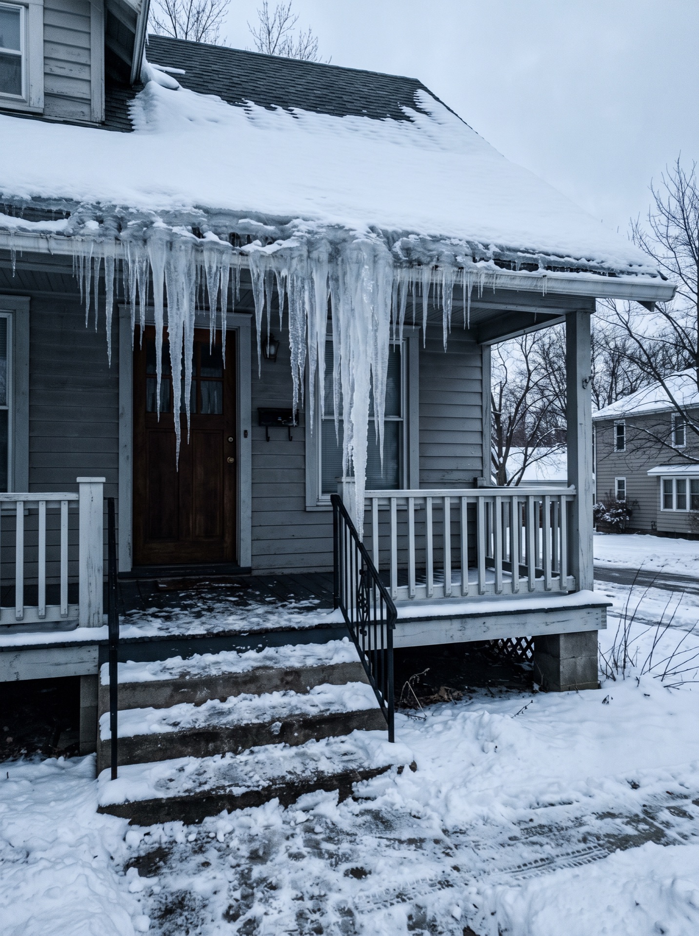 Large icicles hanging from front porch roof covered in heavy snow
