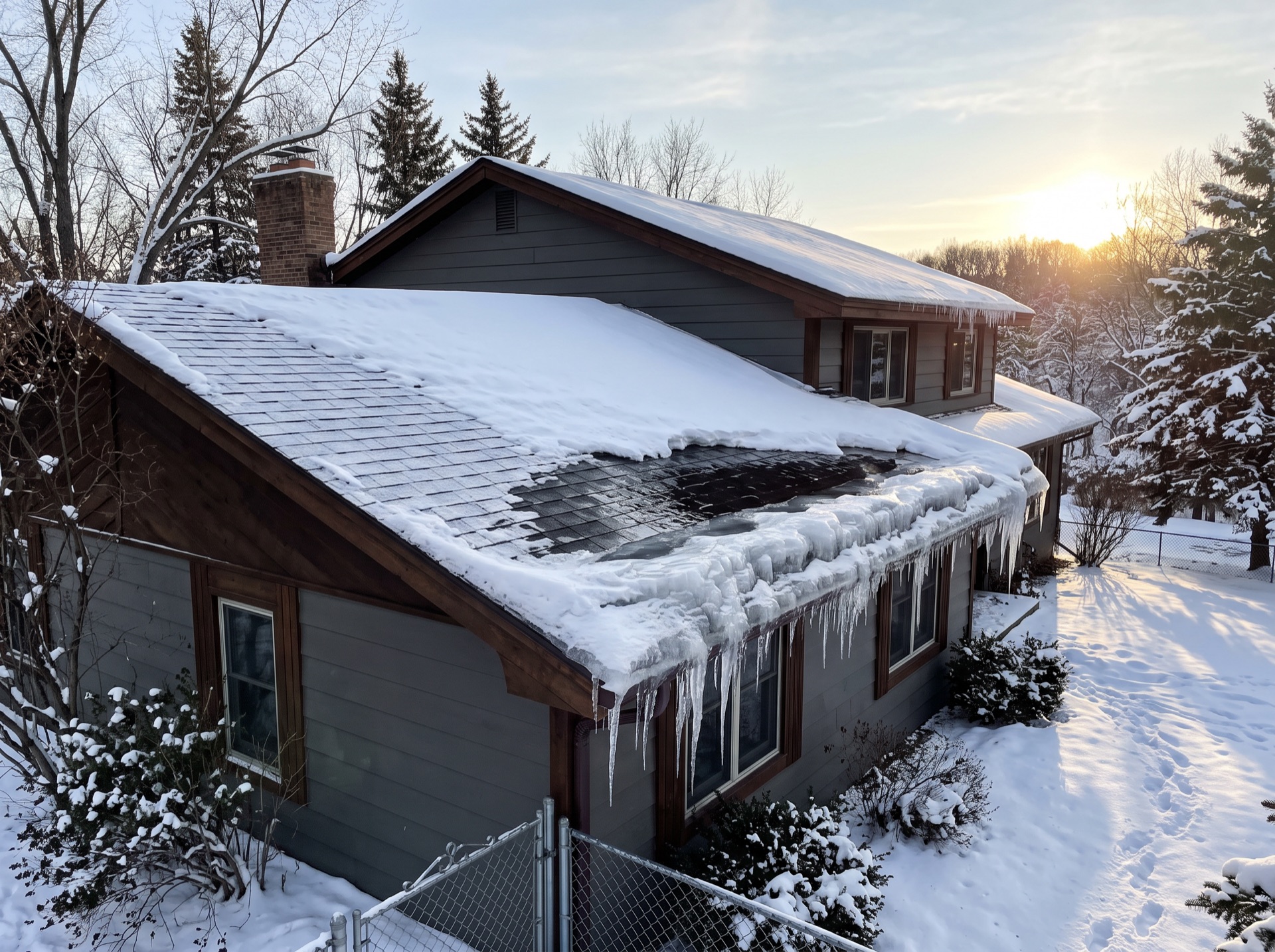 Large ice dam with icicles and water pooling on snowy residential roof