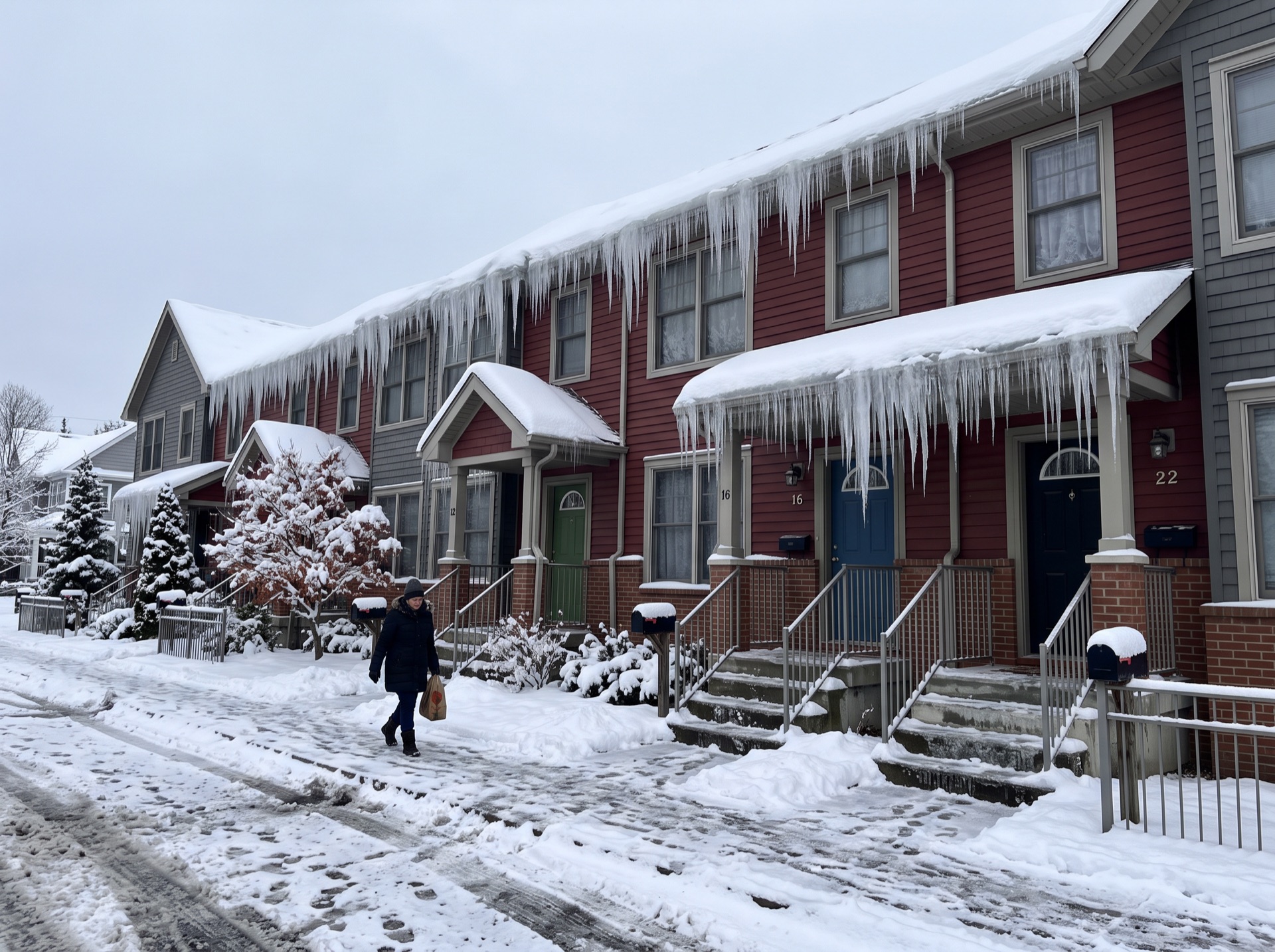 Large icicles and ice dams hanging from red brick townhouses after winter storm