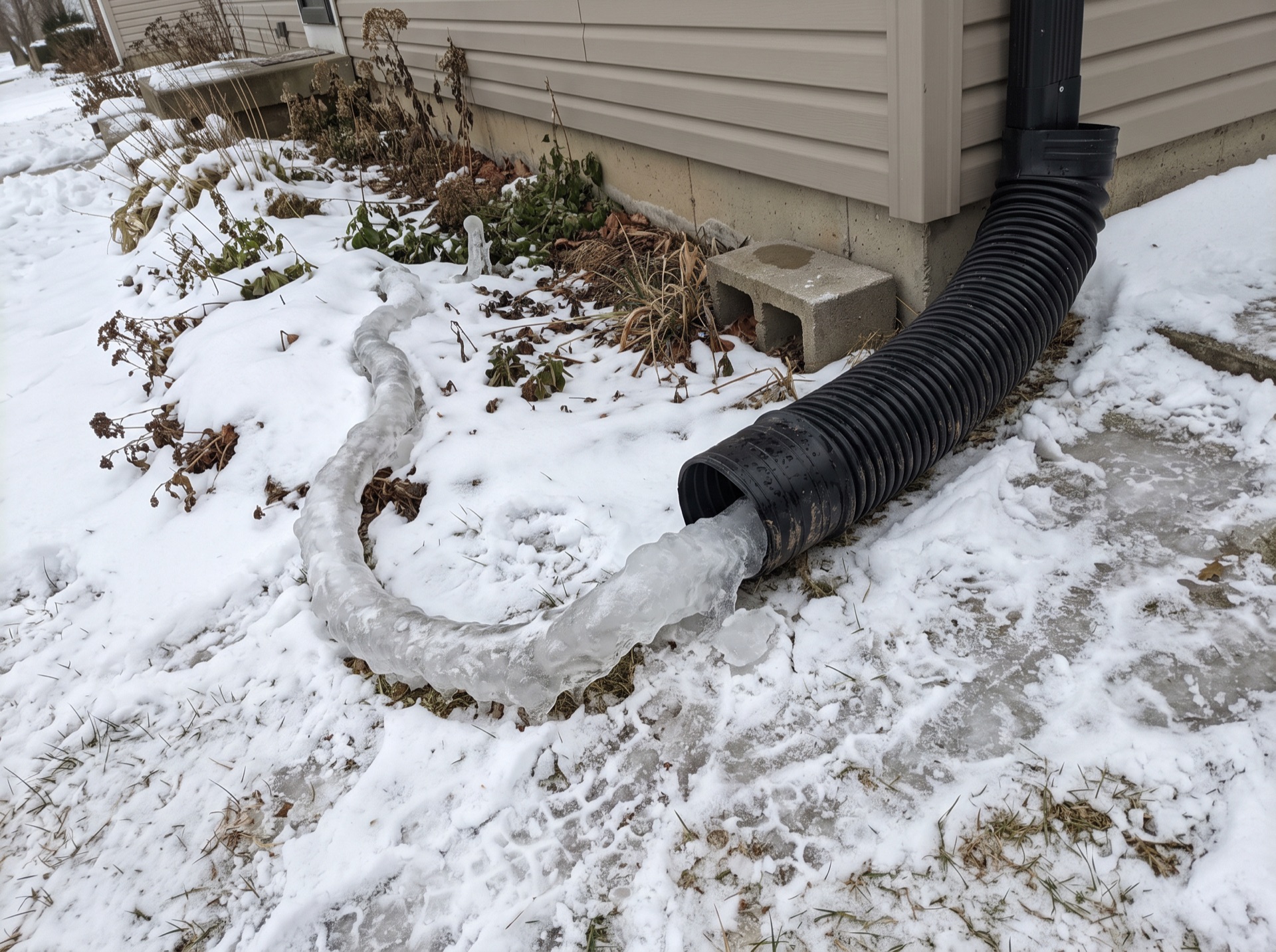 ice formation growing from black corrugated downspout extension along snowy house foundation