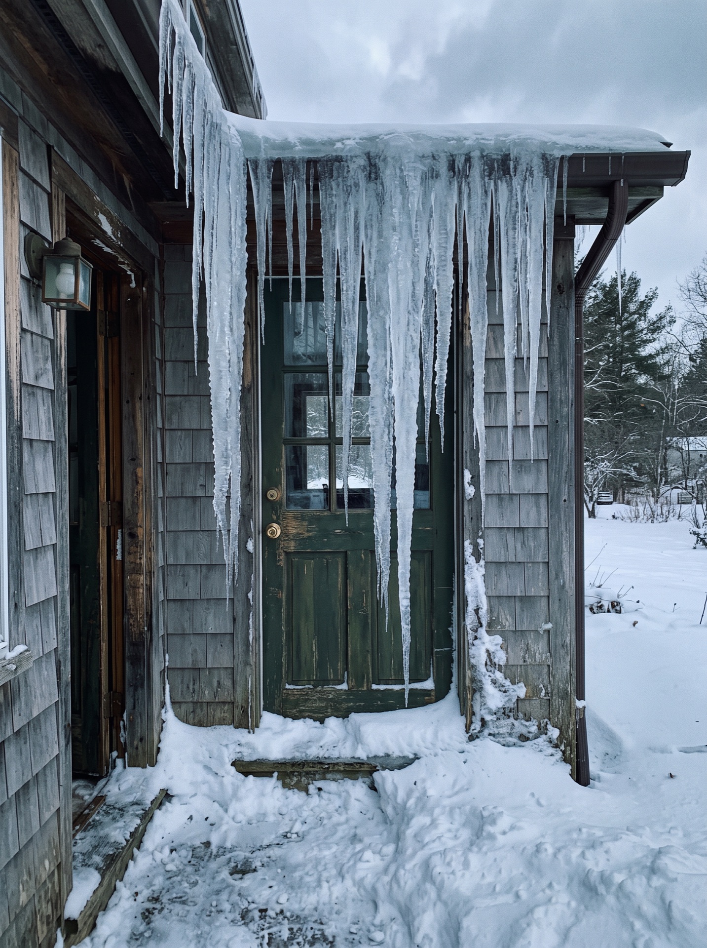 Large icicles hanging from roof blocking weathered green side entry door in winter
