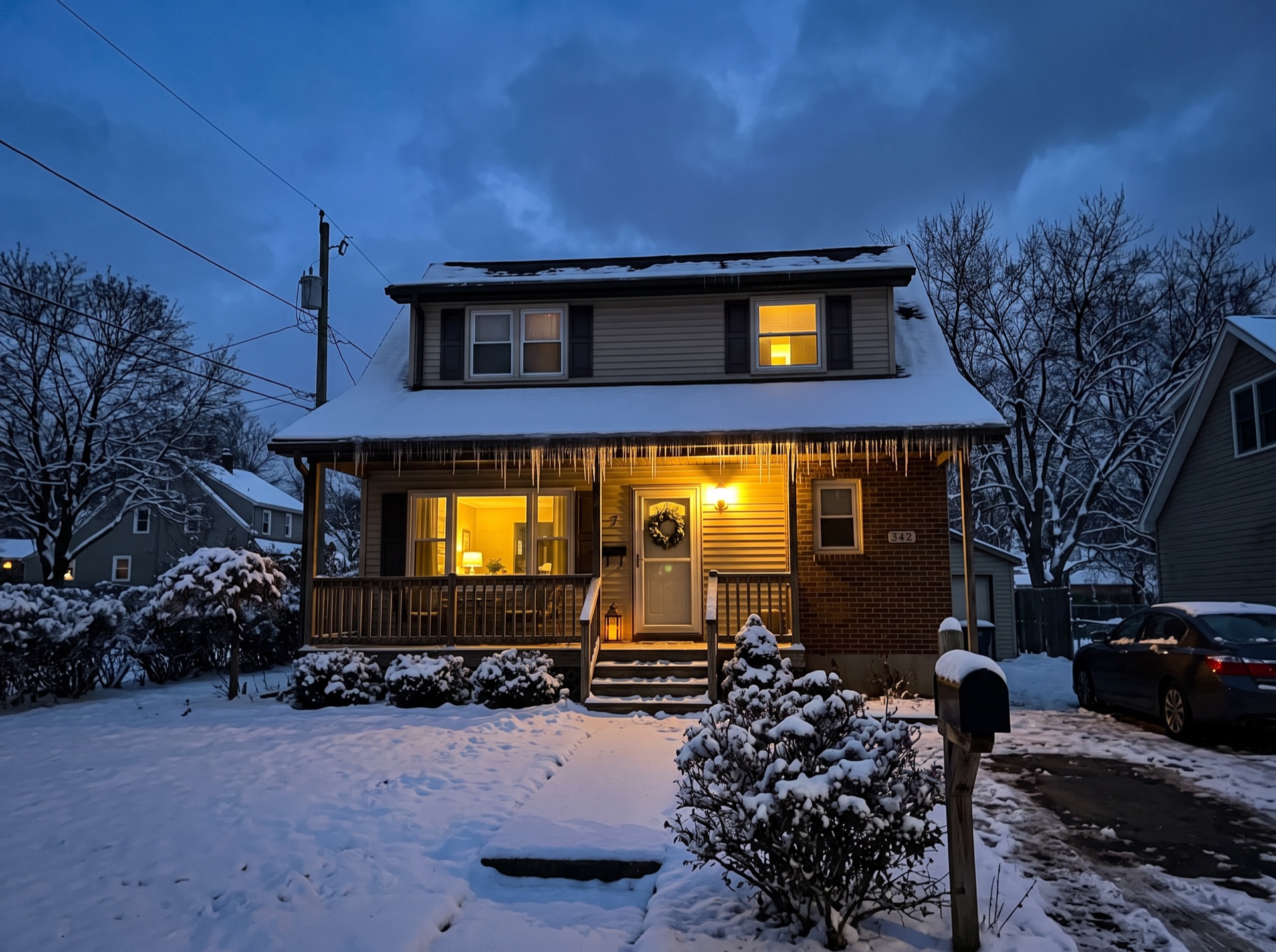 Snow-covered brick house with icicles and glowing windows at dusk