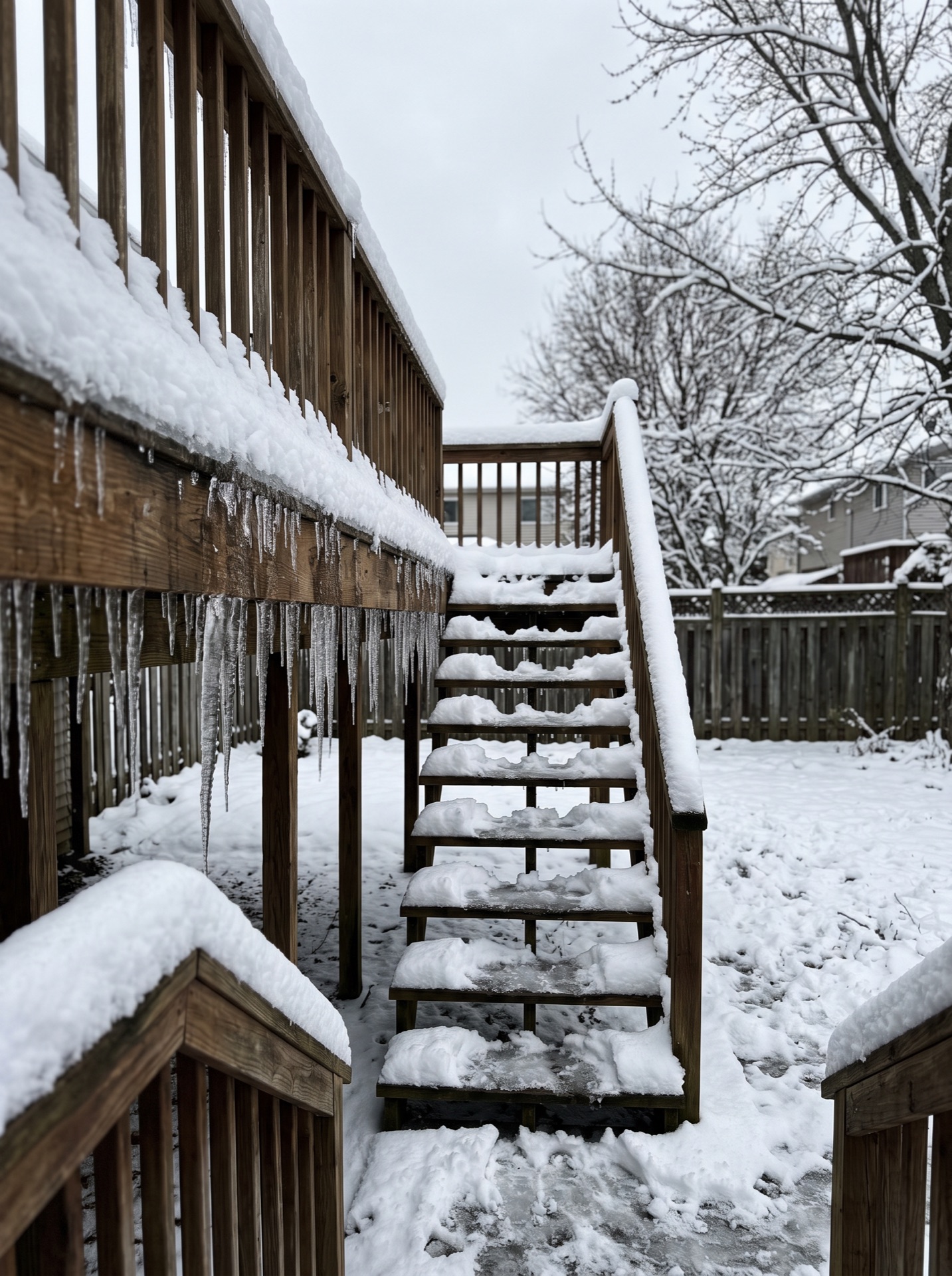 snow-covered wooden deck stairs with icicles hanging from railing in winter backyard