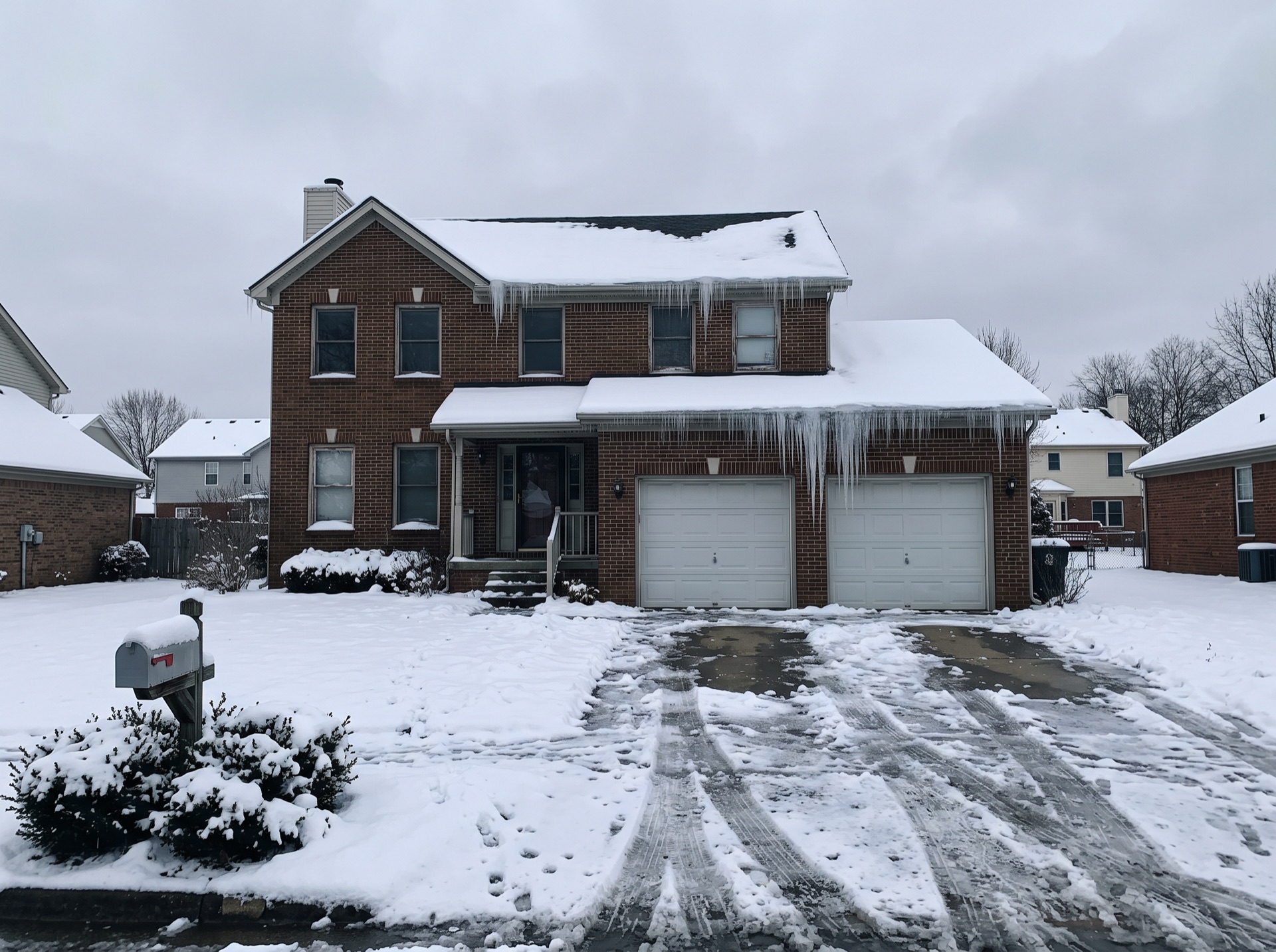 Large icicles hanging from garage roof of two-story brick home in winter