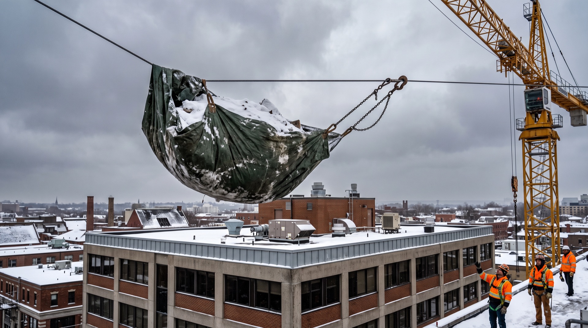 crane suspending snow-covered tarp bundle above urban rooftop in winter