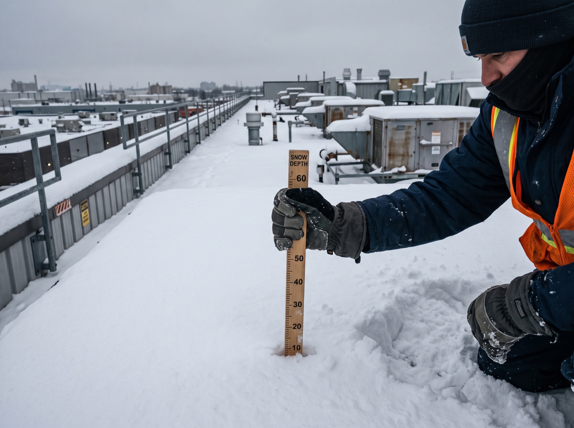 Worker in safety vest measuring snow depth on commercial rooftop with ruler