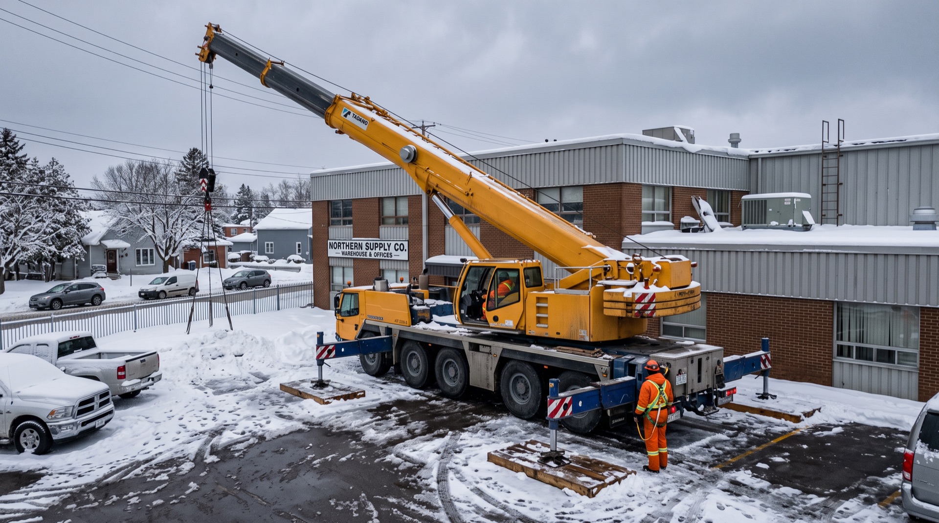 Yellow Tadano mobile crane set up at Northern Supply Co commercial building in winter