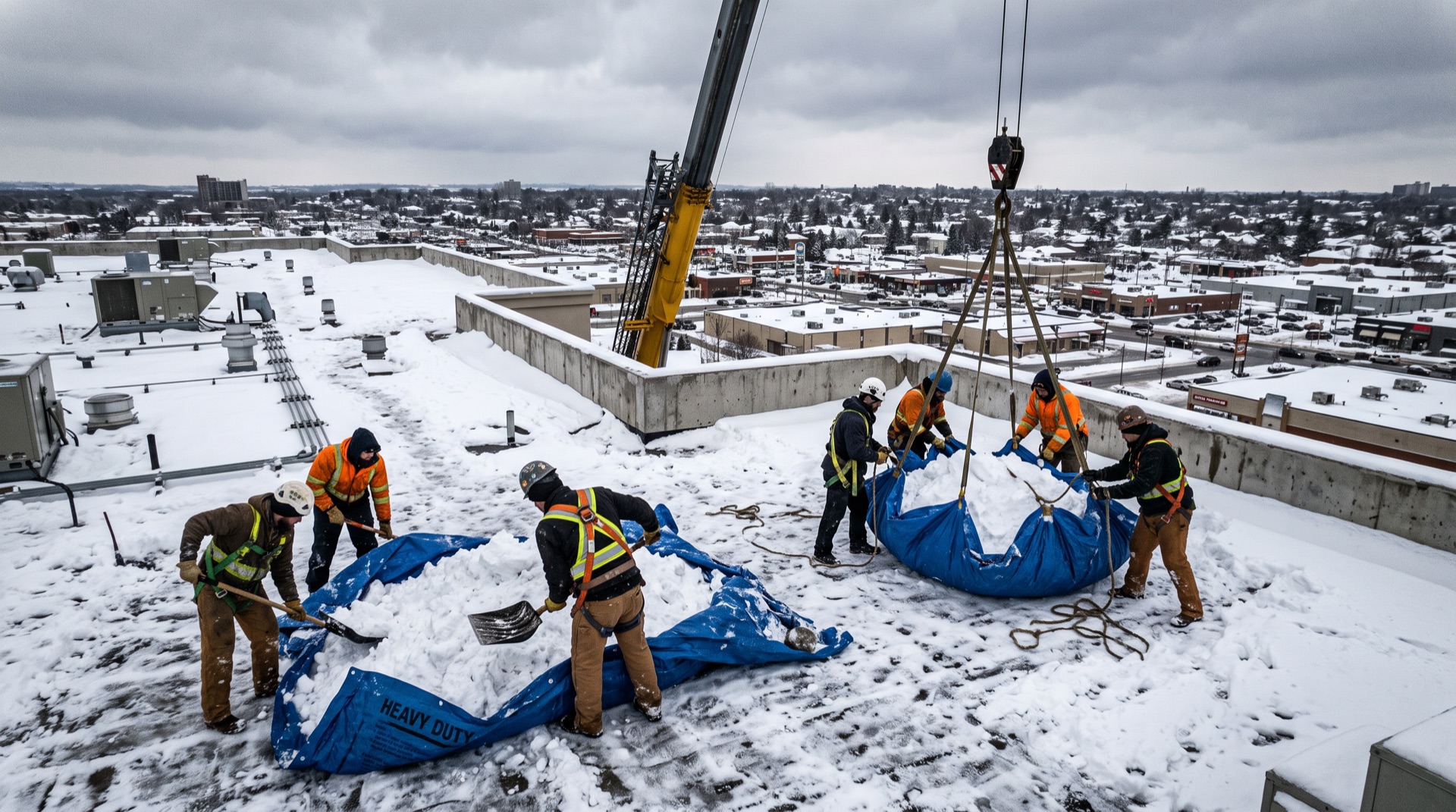 Construction crew loading snow into heavy duty blue tarps on snowy rooftop with crane