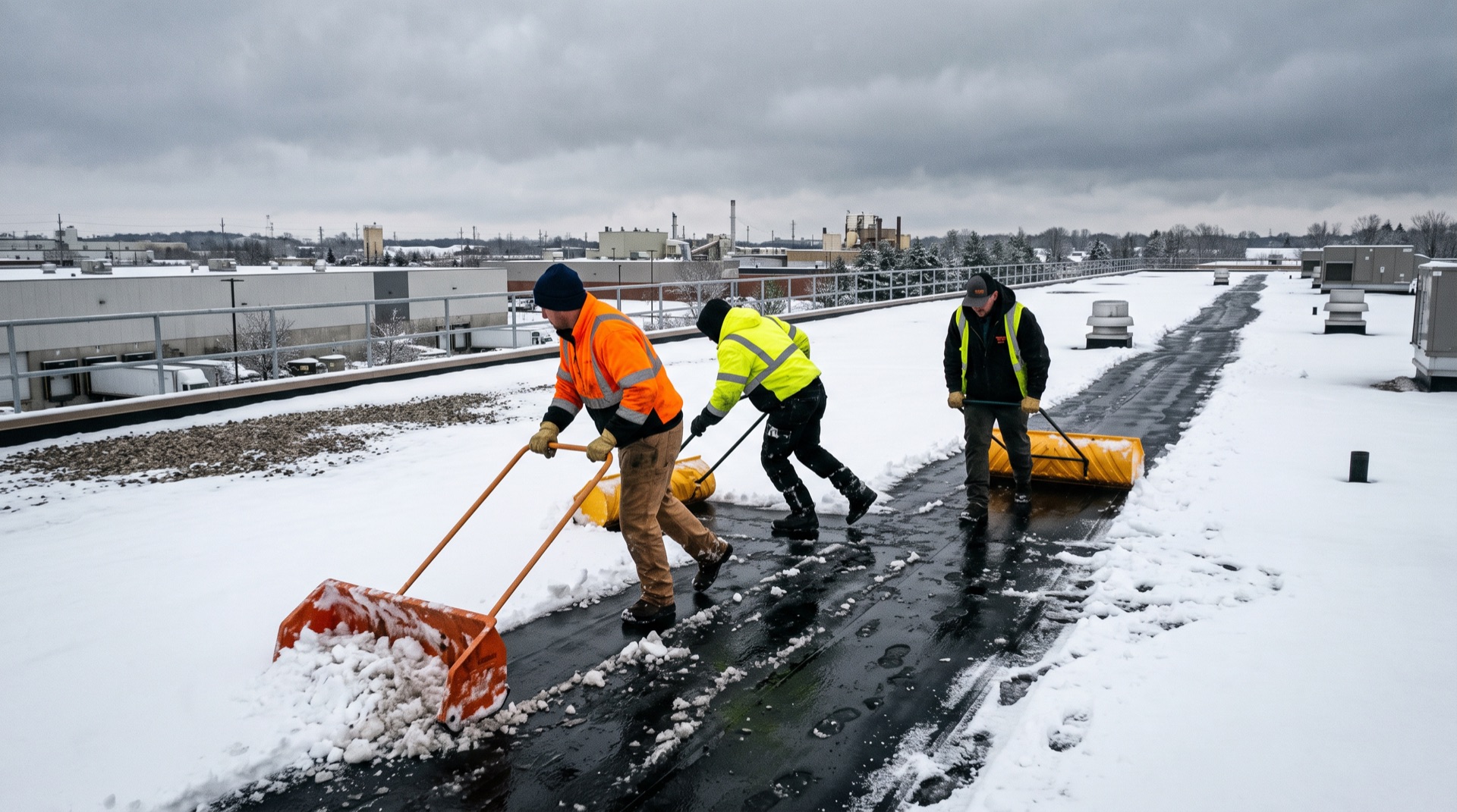Three workers in high-visibility vests pushing snow off a flat warehouse roof