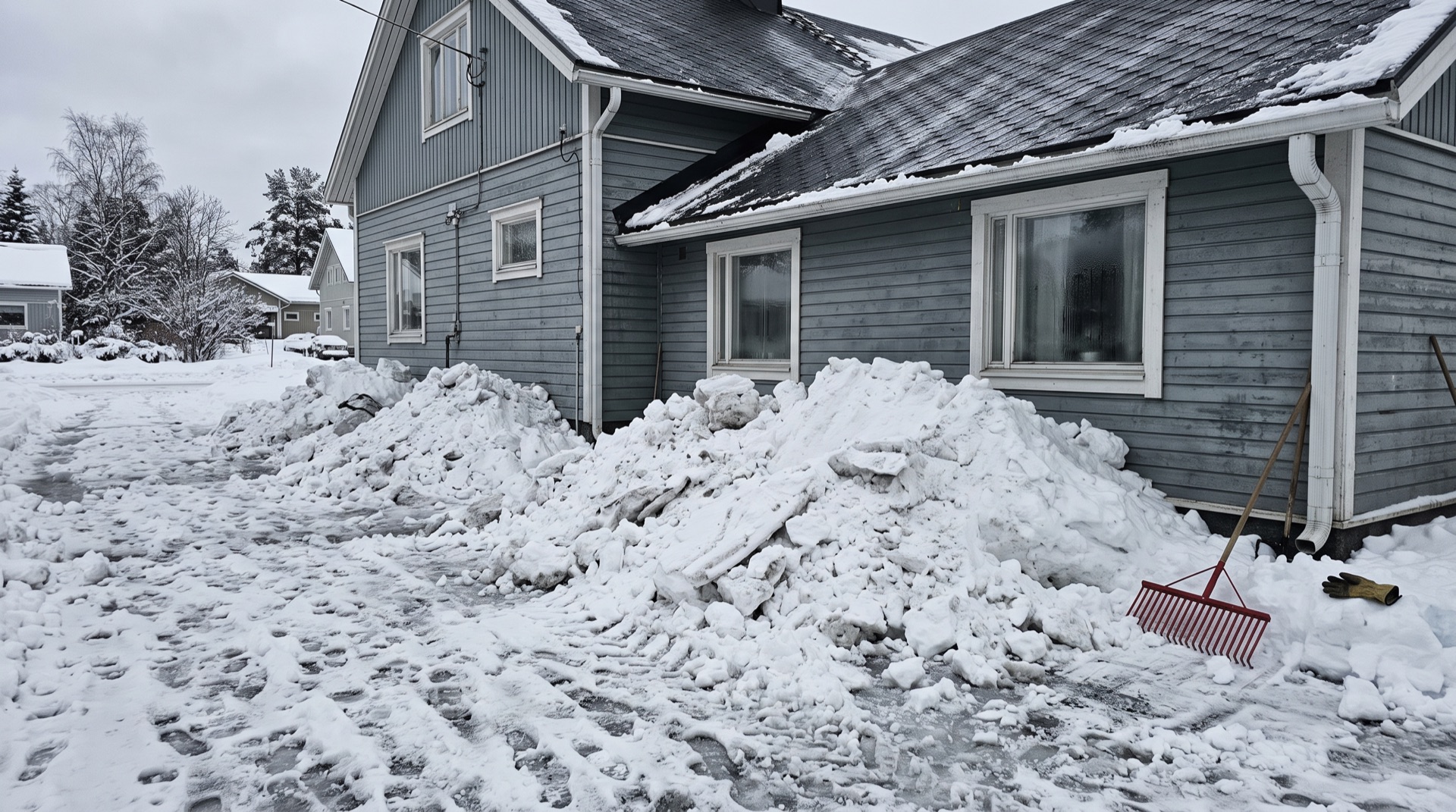 Large piles of raked snow beside a gray clapboard house in winter