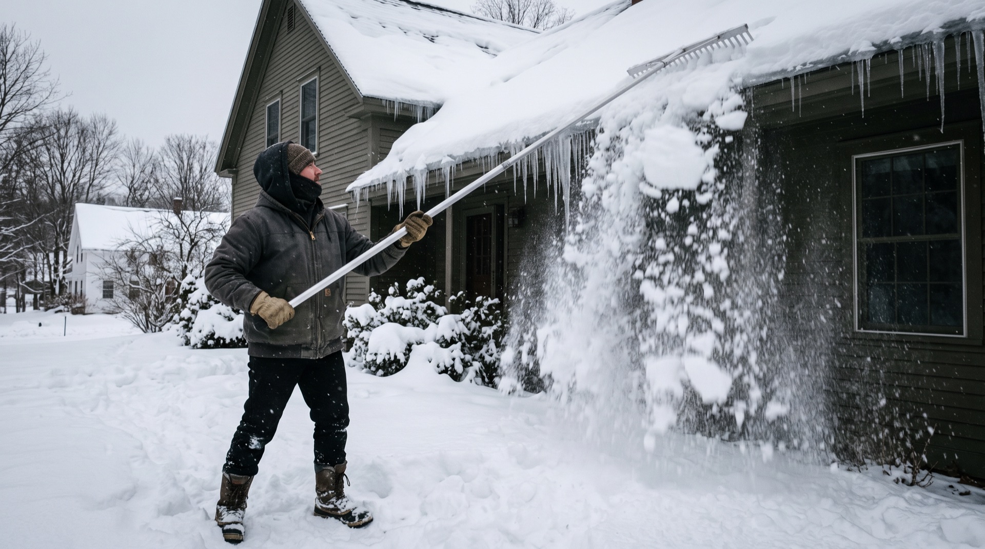 Man using a roof rake to pull heavy snow off house eaves in winter
