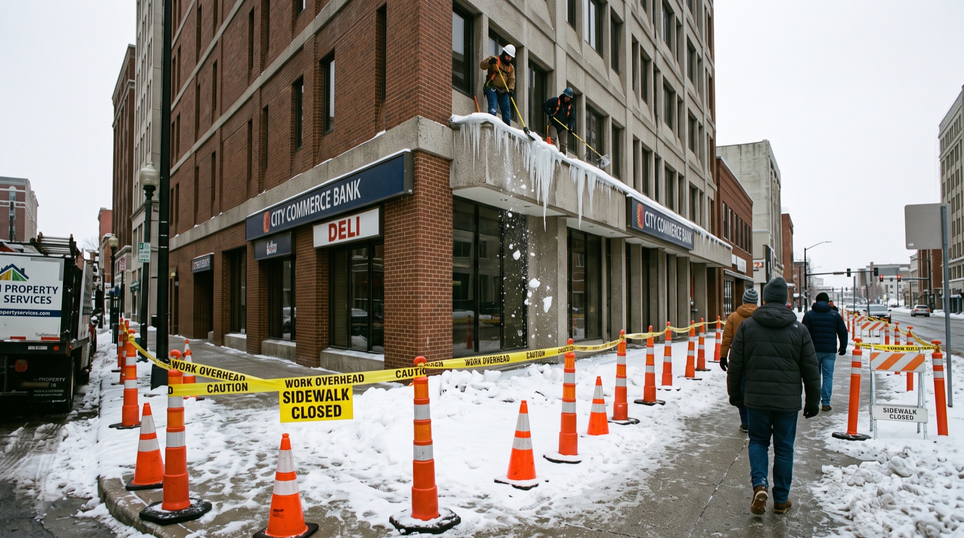 Workers removing snow and ice from building ledge above closed sidewalk with orange cones