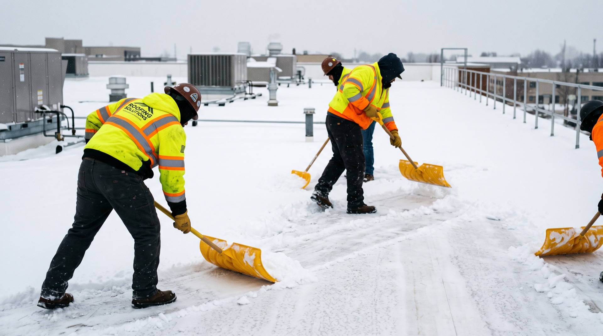 Three workers in high-visibility vests shoveling snow off a flat commercial roof