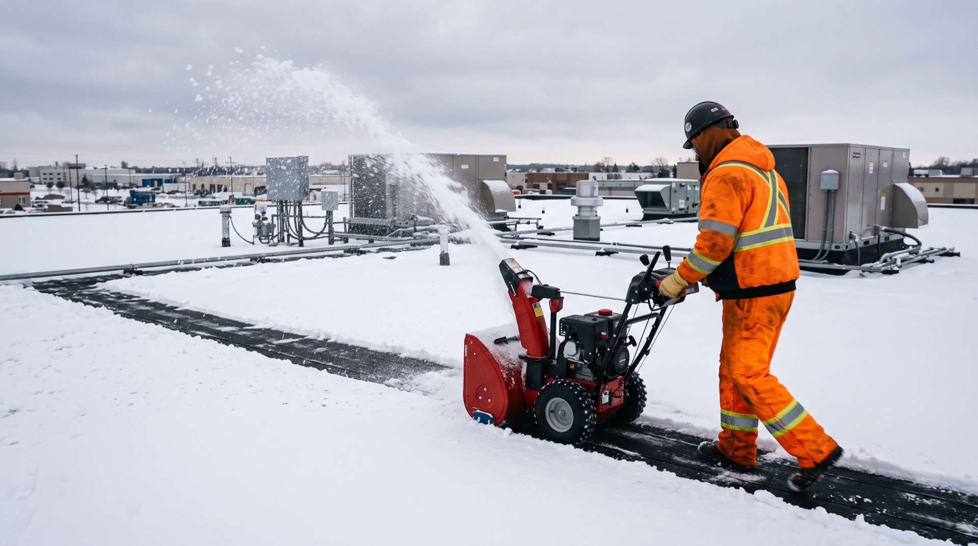 Worker in orange safety gear using snow blower on commercial flat roof