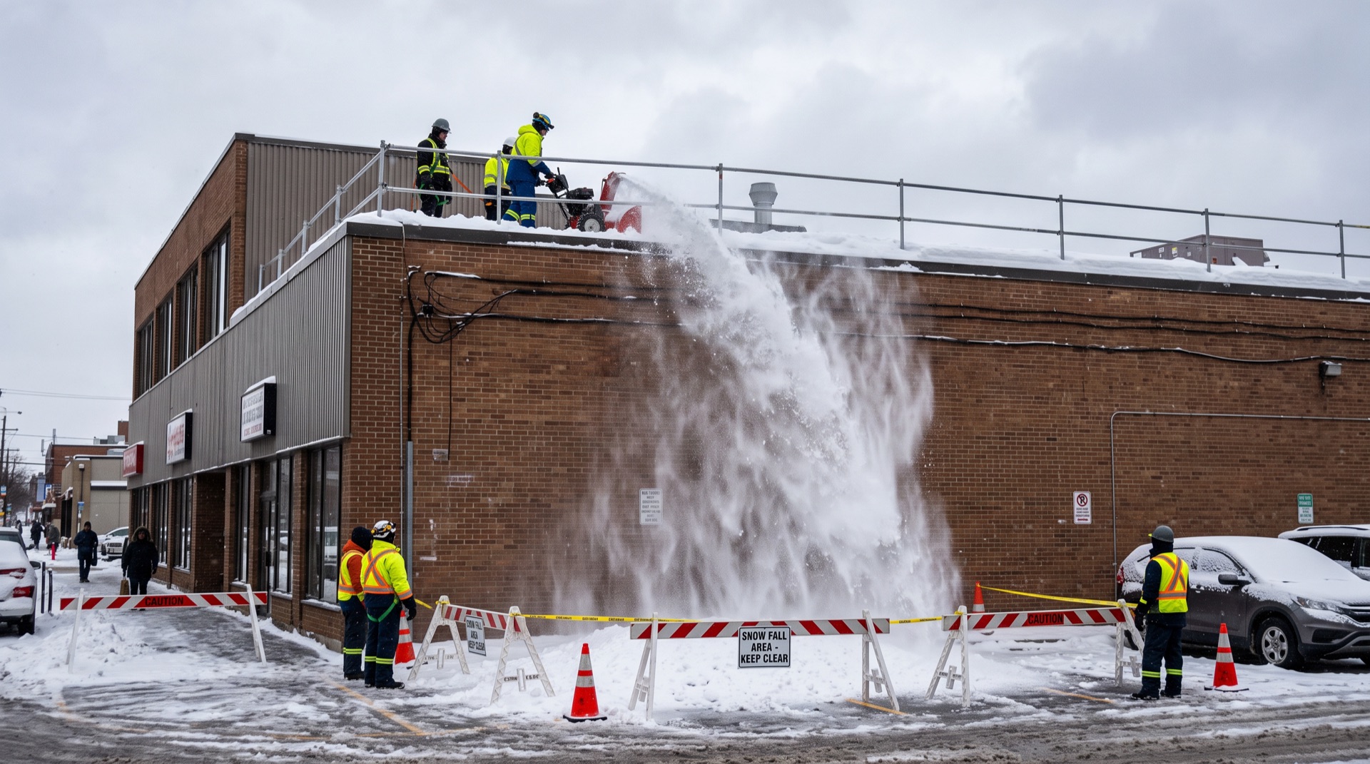 Workers use snow blower on commercial rooftop discharging snow over parapet wall onto blocked sidewalk