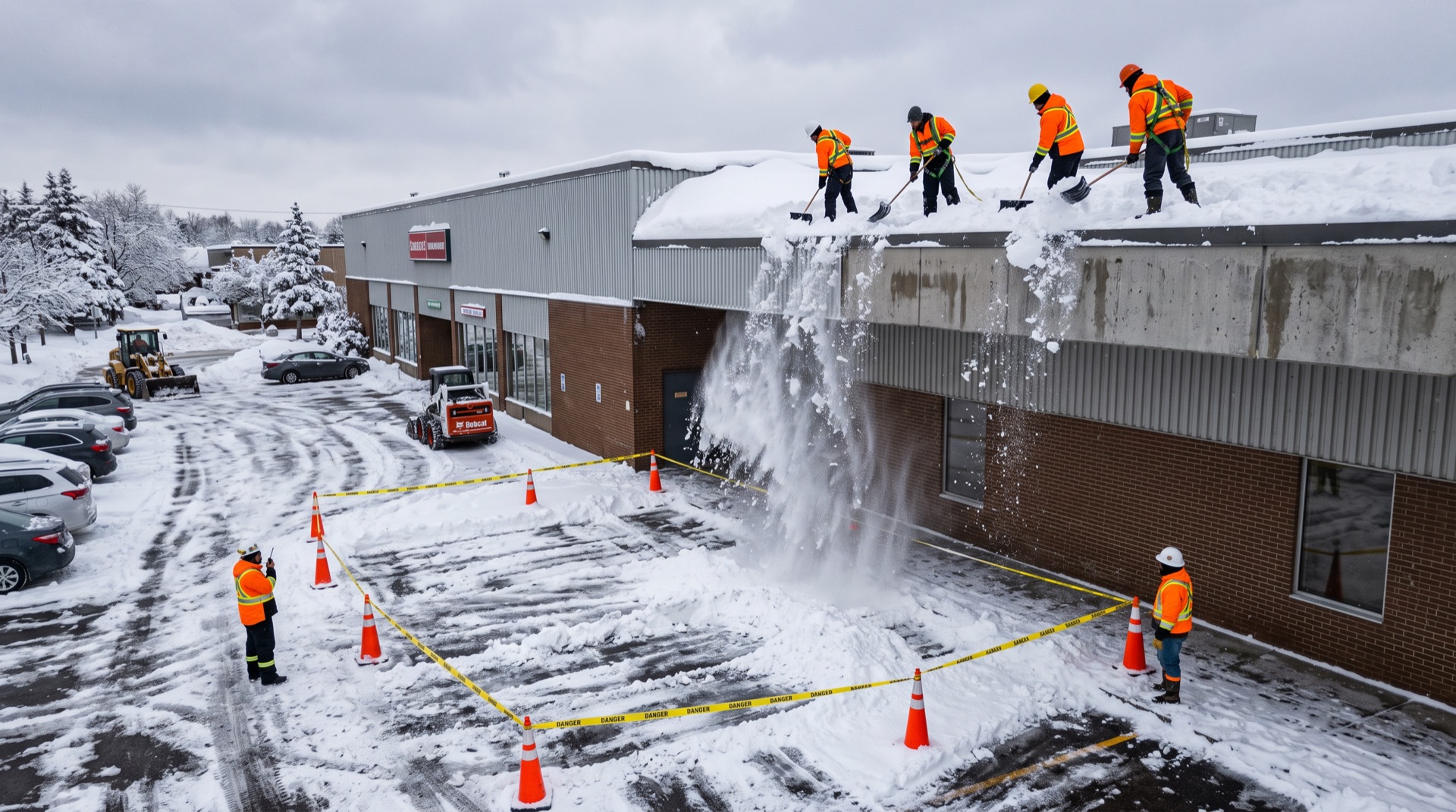 Workers in high-visibility gear shoveling snow off commercial building roof into taped-off danger zone below
