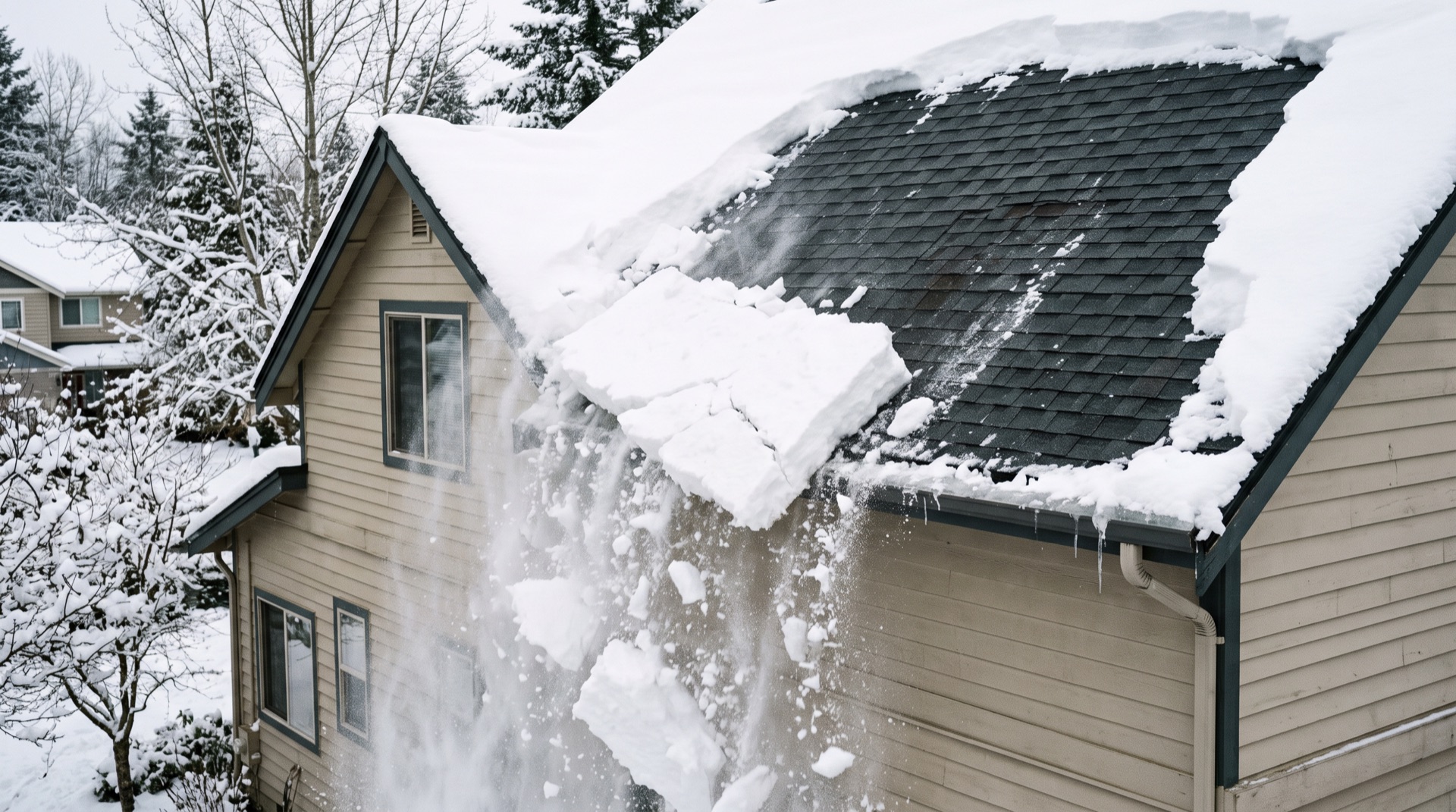 Large sheet of snow sliding off residential roof during winter removal