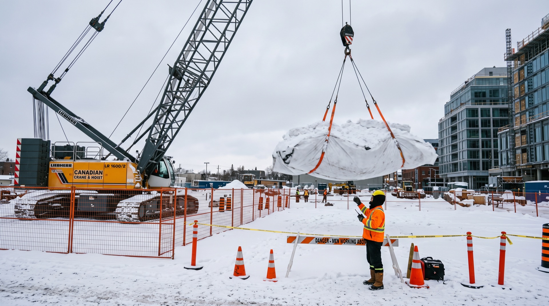 Construction worker guides snow-covered tarp lifted by Liebherr crawler crane at winter job site