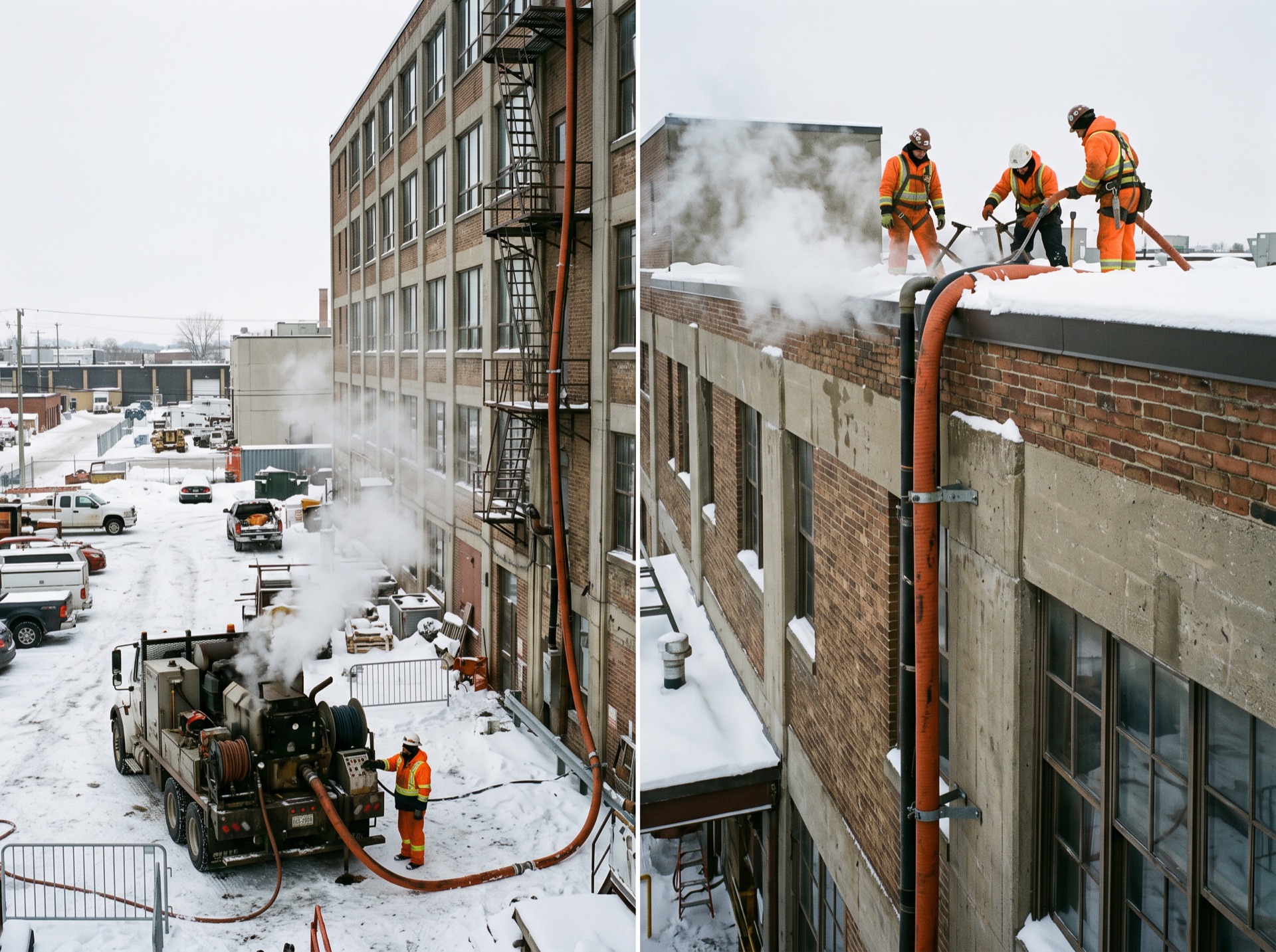 Workers in orange safety gear using steam hose to clear snow from rooftop