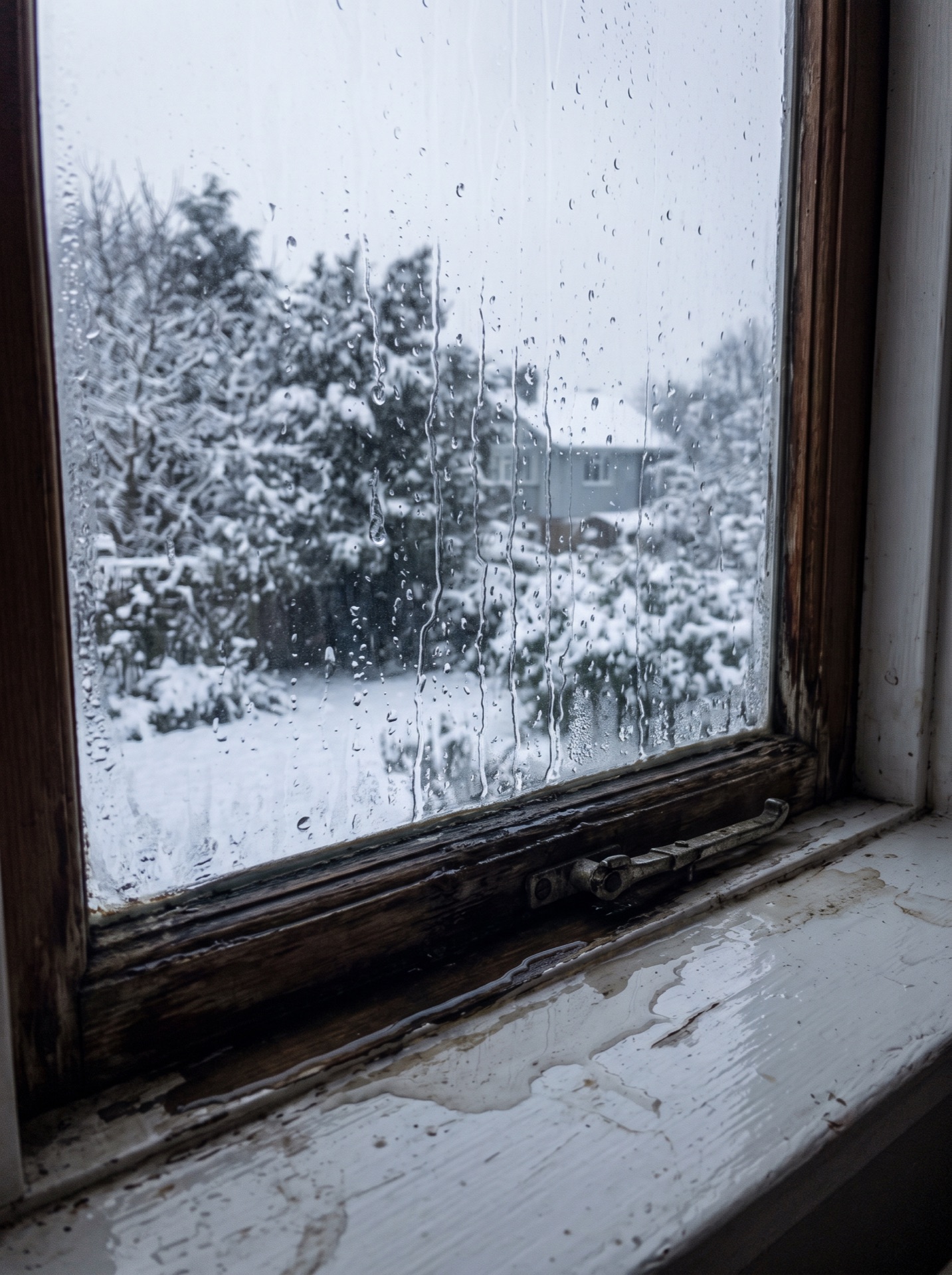 Water leaking onto weathered window sill from condensation on old wooden frame