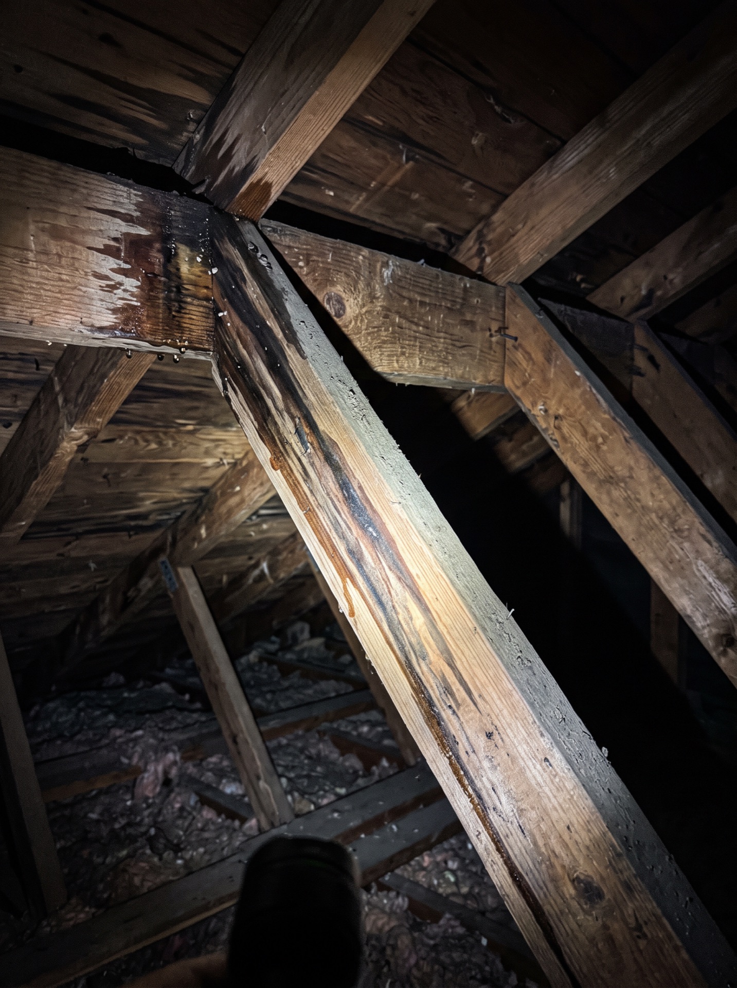 water damage and moisture running down dark stained attic rafters and roof sheathing