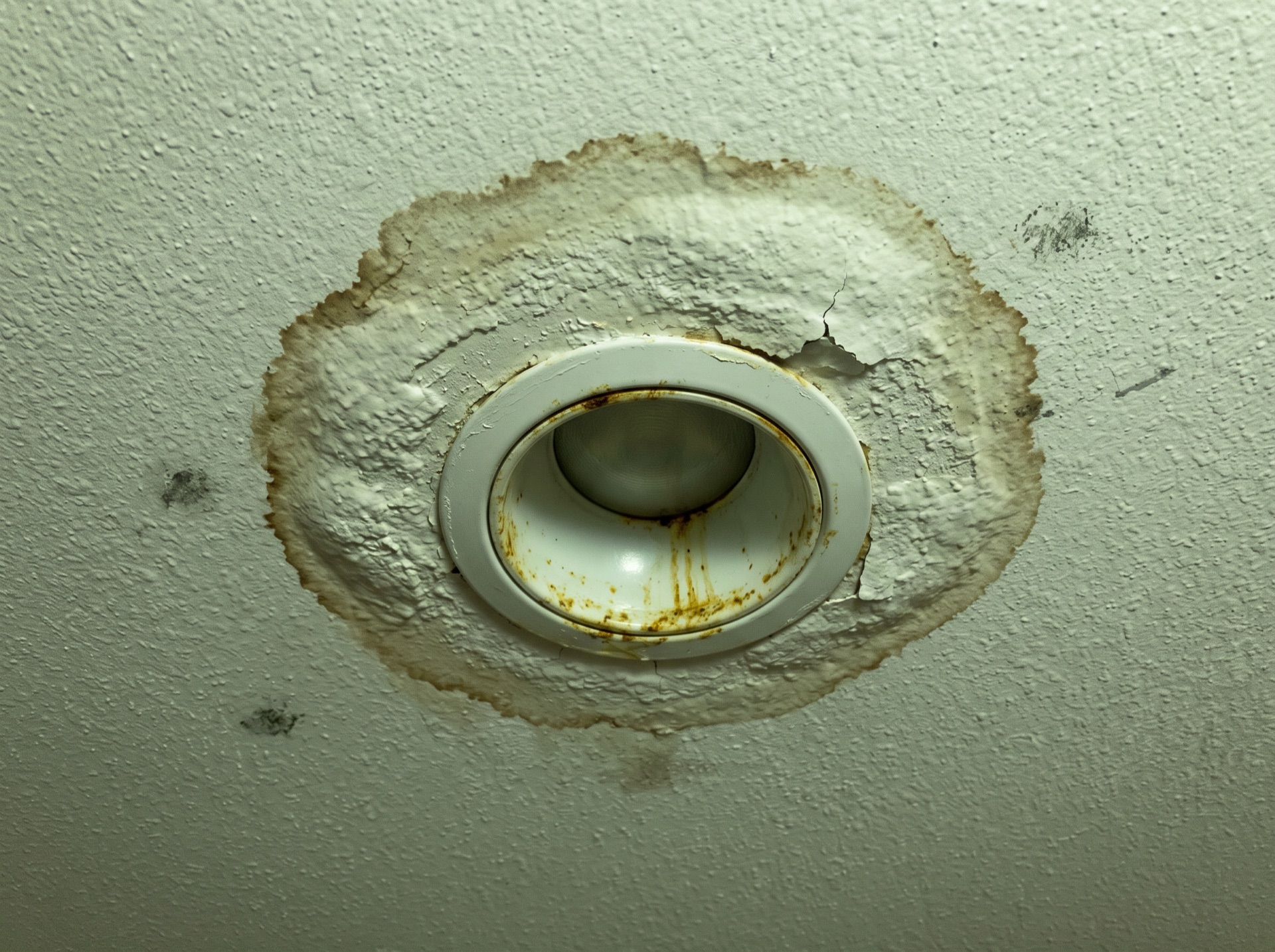 Water stain and rust damage around a recessed can light fixture in ceiling