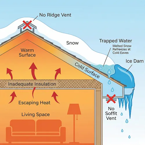 Diagram showing how ice dams form on roofs due to inadequate insulation and poor ventilation