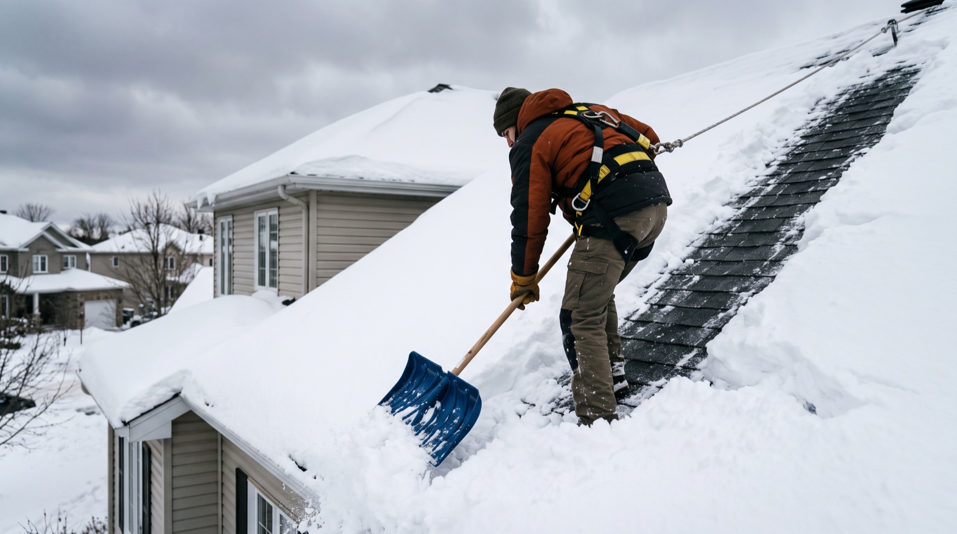 Worker in safety harness shoveling heavy snow off a residential roof