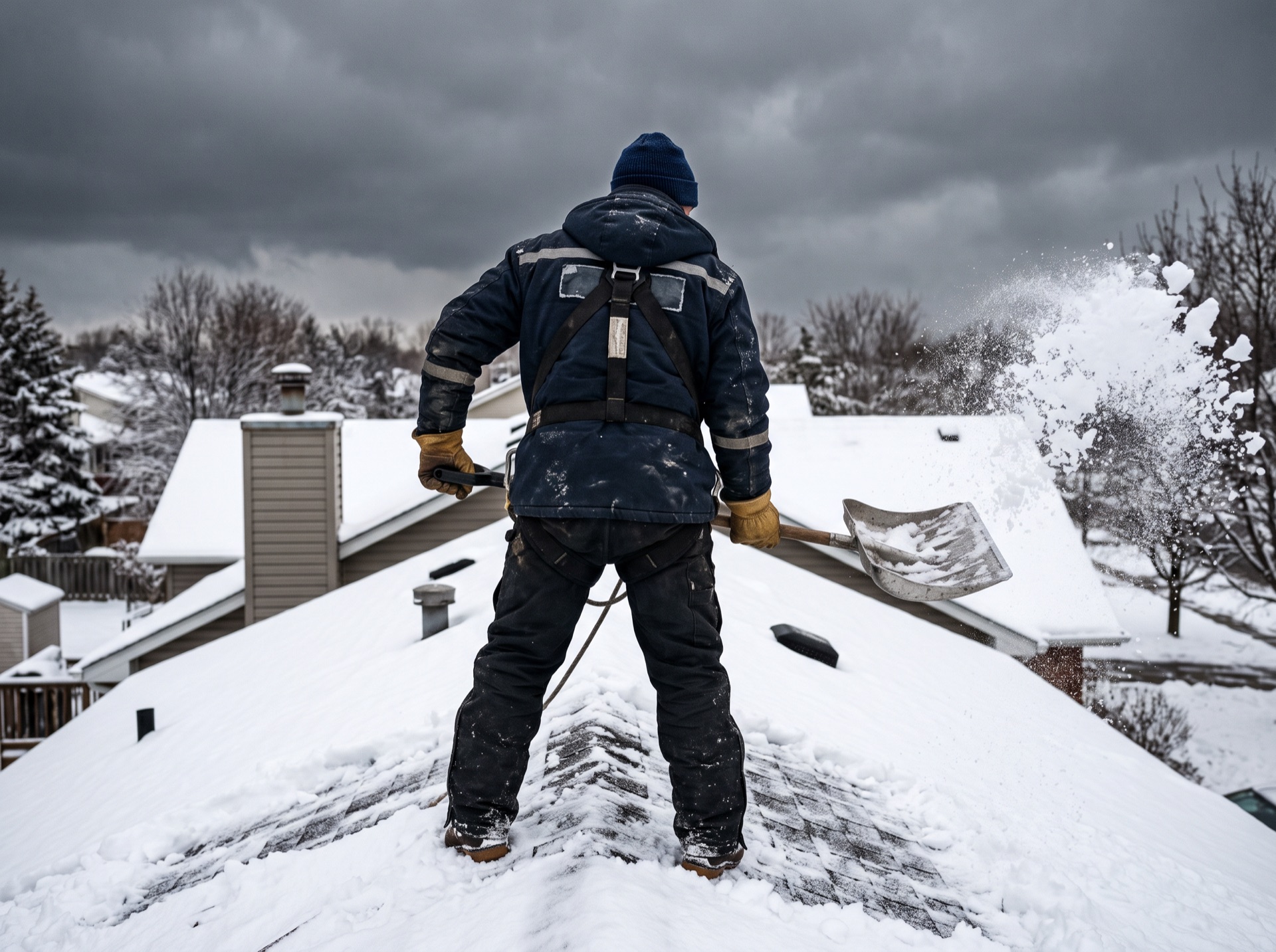 Worker in safety harness shoveling snow off a residential roof in winter