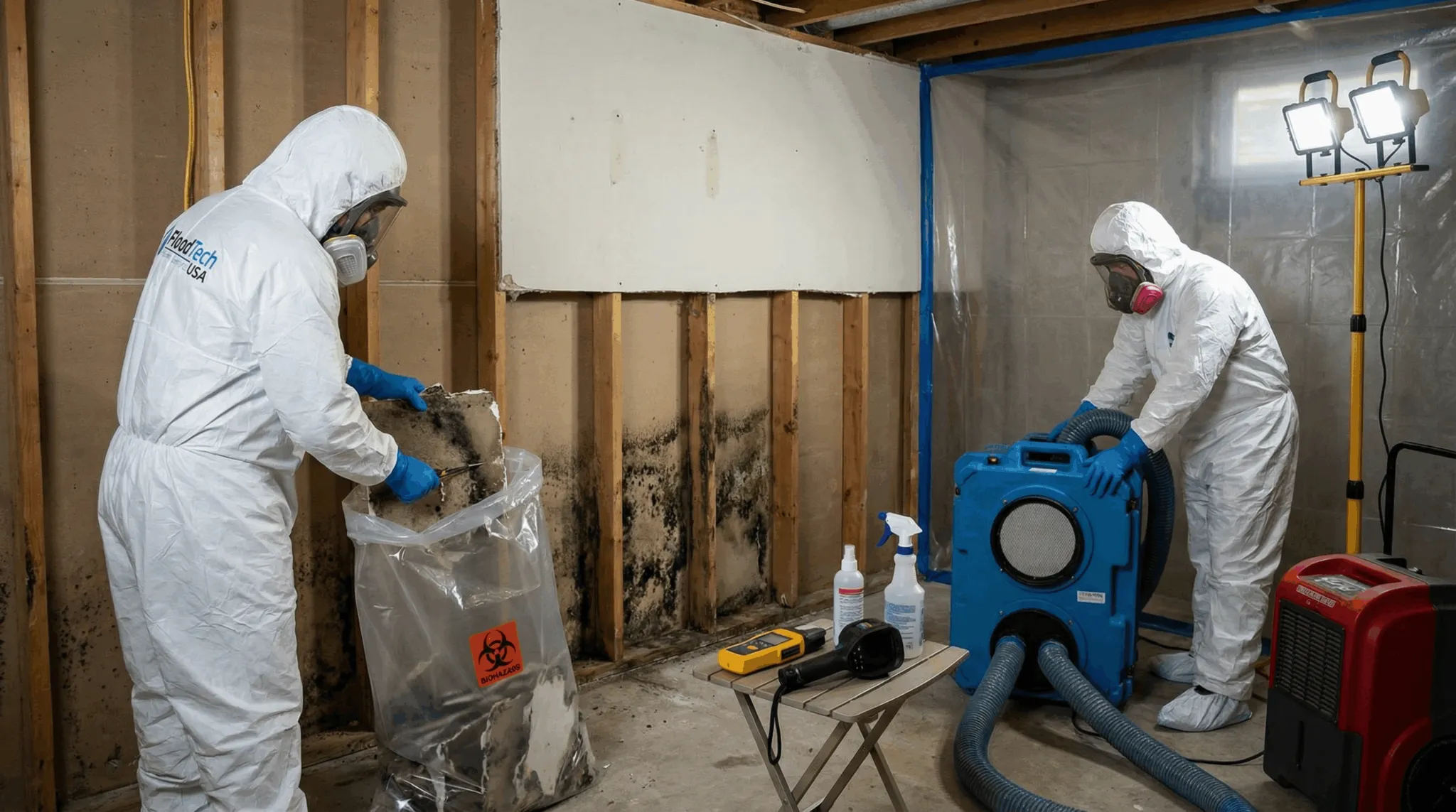Two remediation workers in hazmat suits removing black mold from basement wall studs
