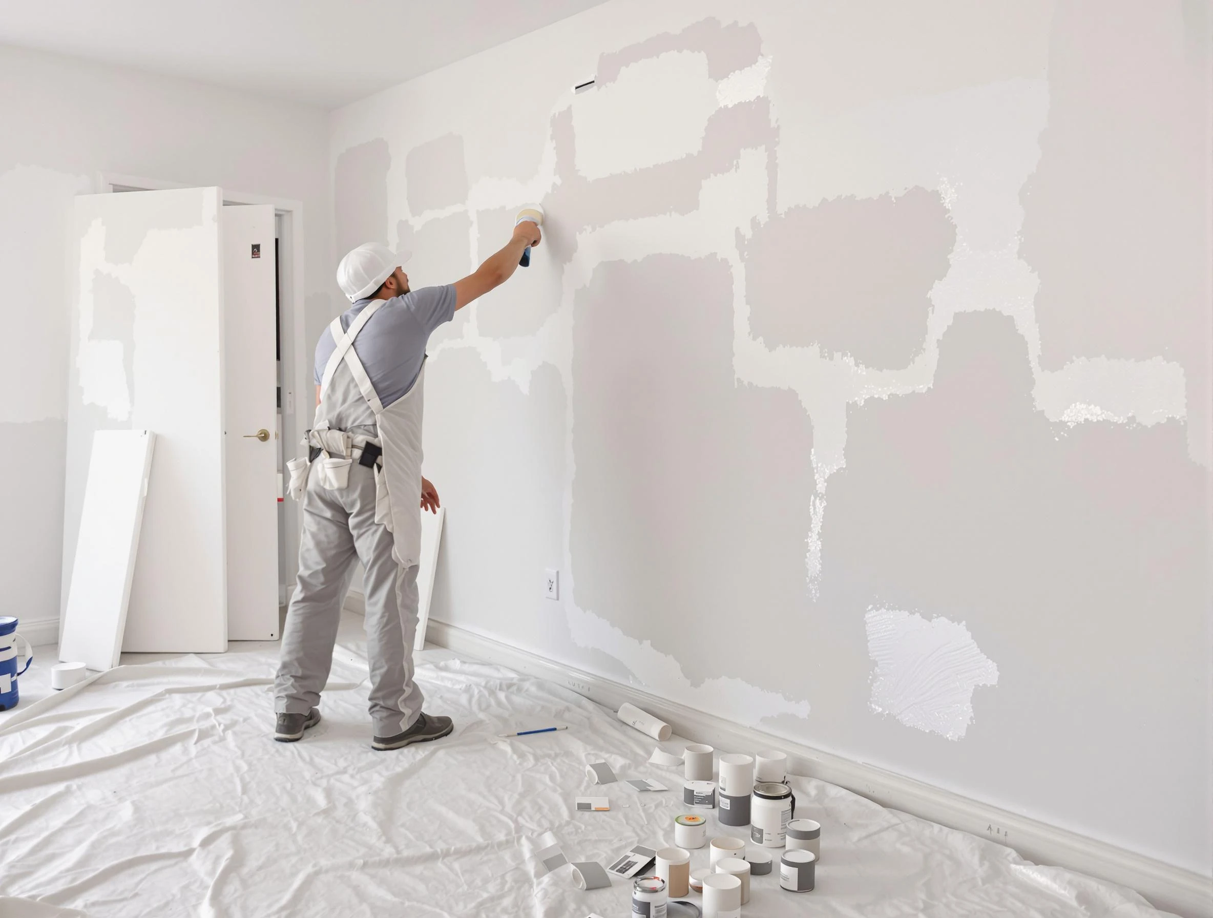 painter in white overalls applying spackle to patched drywall in empty room