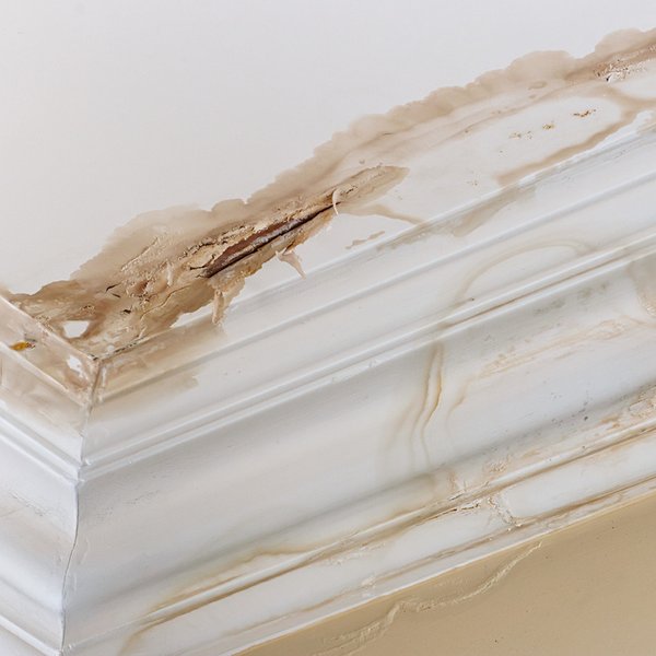 water damaged ceiling and crown molding with brown stains from ice dam leak