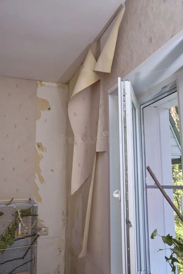 Wallpaper peeling off interior wall near window from water damage